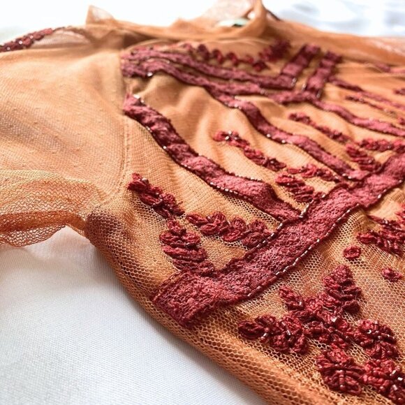 SUNDANCE JOURDAN BURGUNDY PEACH BEADED SEQUIN SHEER TOP - M - Picture 6 of 9